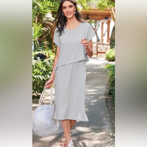 Soft Surroundings Mykonos Dress Midi Pearl Blue Stretch Knit - Picture 2 of 6